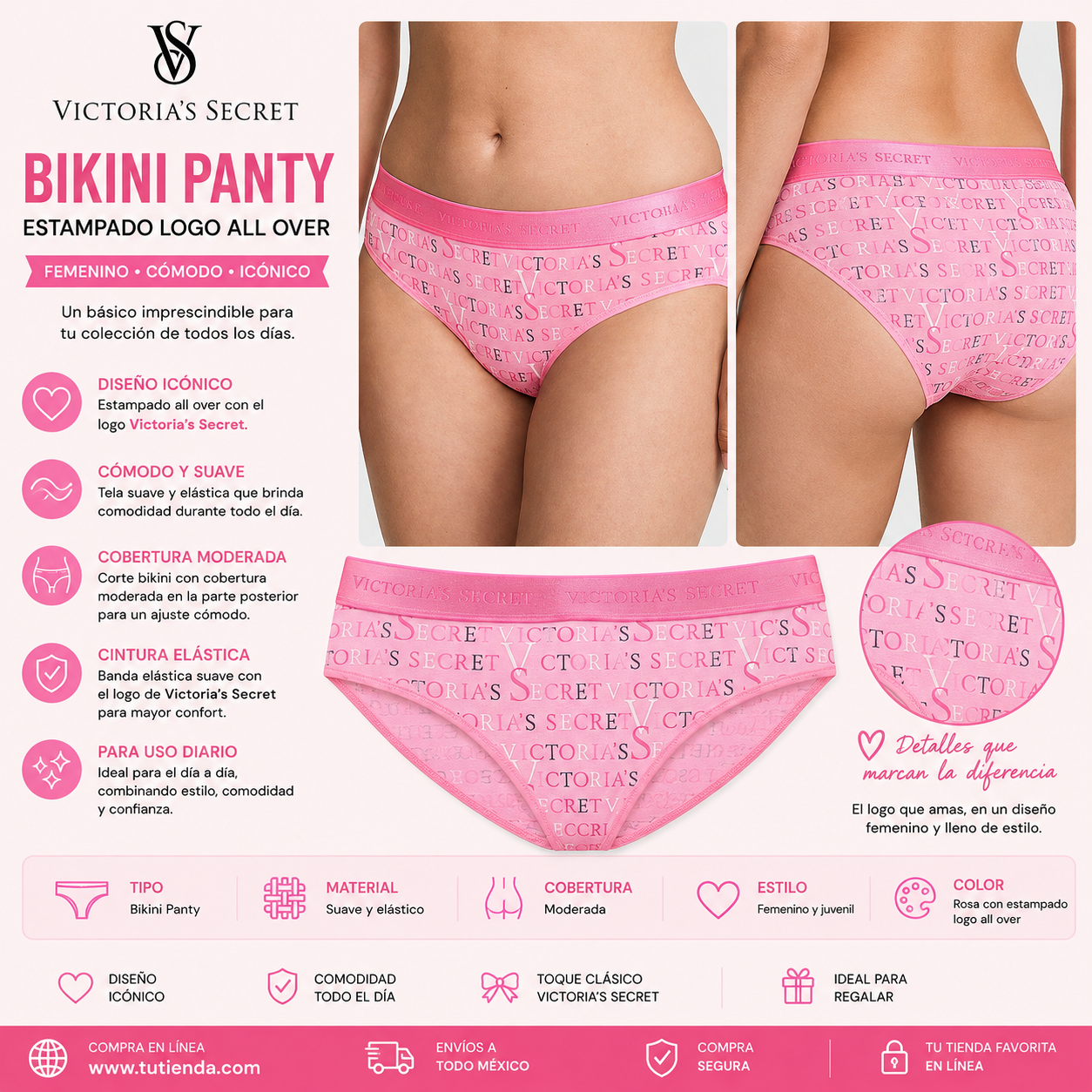 Victoria’s Secret Bikini Panty Rosa con Estampado Logo All Over
