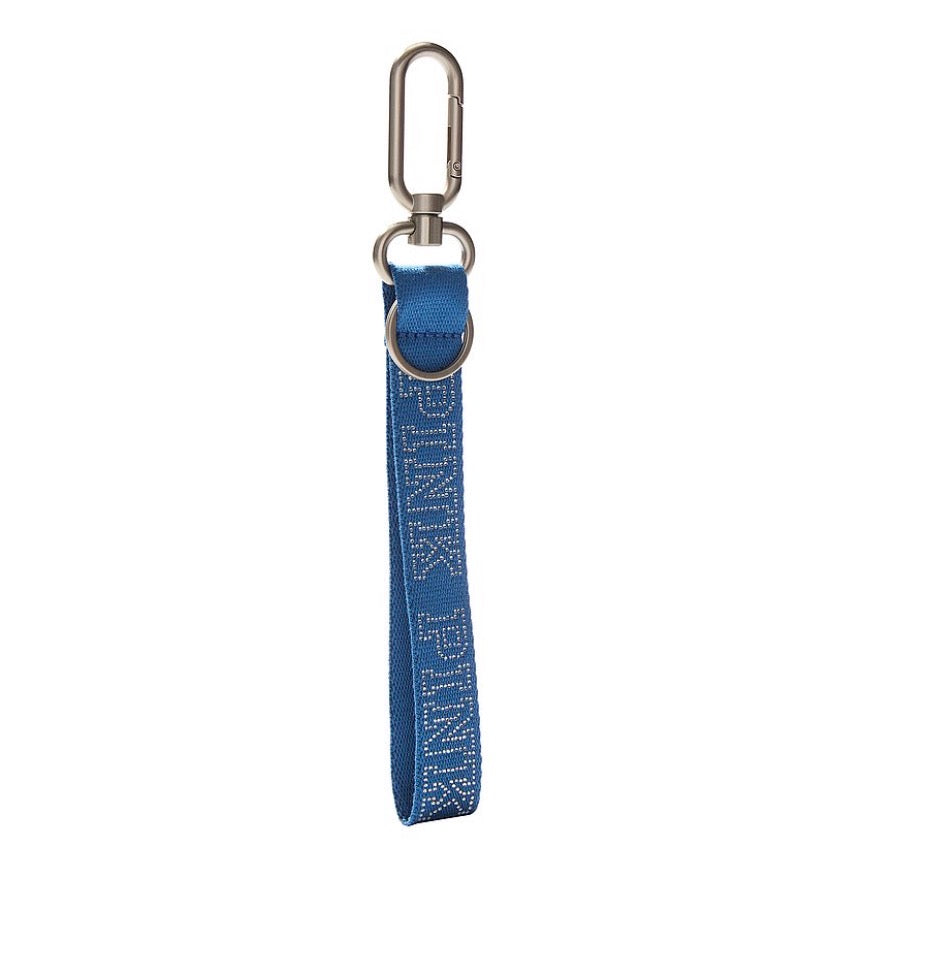 PINK Victoria’s Secret Wristlet Strap Keychain Varsity Blue con Logo Bling