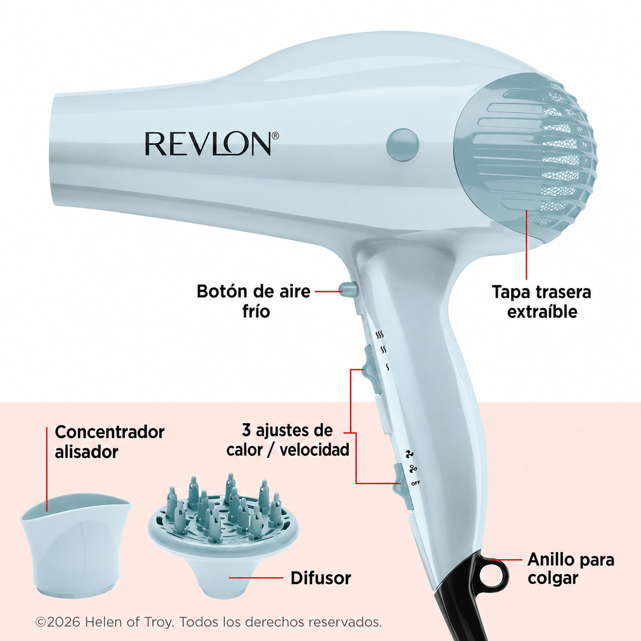 Revlon Secador de Cabello Iónico con Potenciador de Volumen, 1875W, Azul Plateado