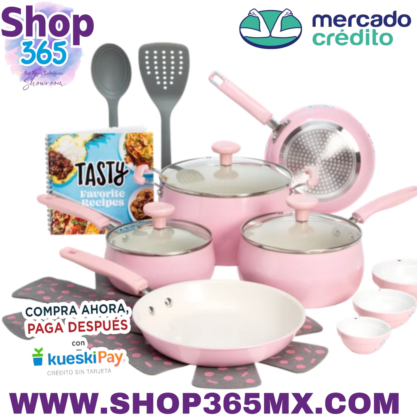 Tasty Clean Ceramic Juego de utensilios de cocina de aluminio antiadherentes de 16 piezas, color rosa