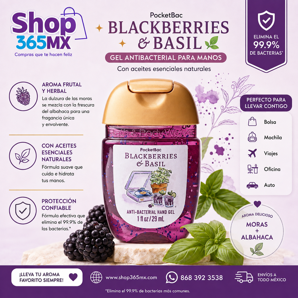 Gel Antibacterial Blackberries & Basil PocketBac Bath & Body Works 29 ml