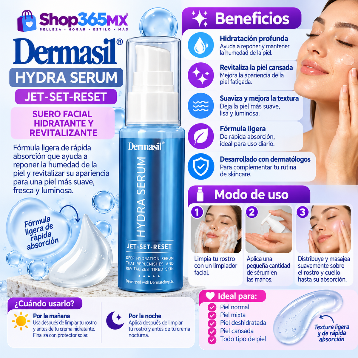 Dermasil Hydra Serum Jet-Set-Reset – Sérum Facial Hidratante y Revitalizante para Piel Cansada