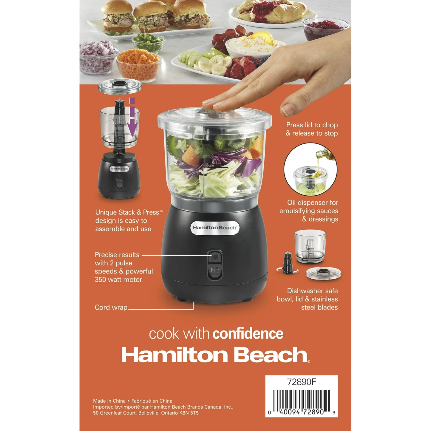 Hamilton Beach Apila y Presiona Picadora de Alimentos de 2 Velocidades, Capacidad para Tazón de 3 Tazas, 72890F