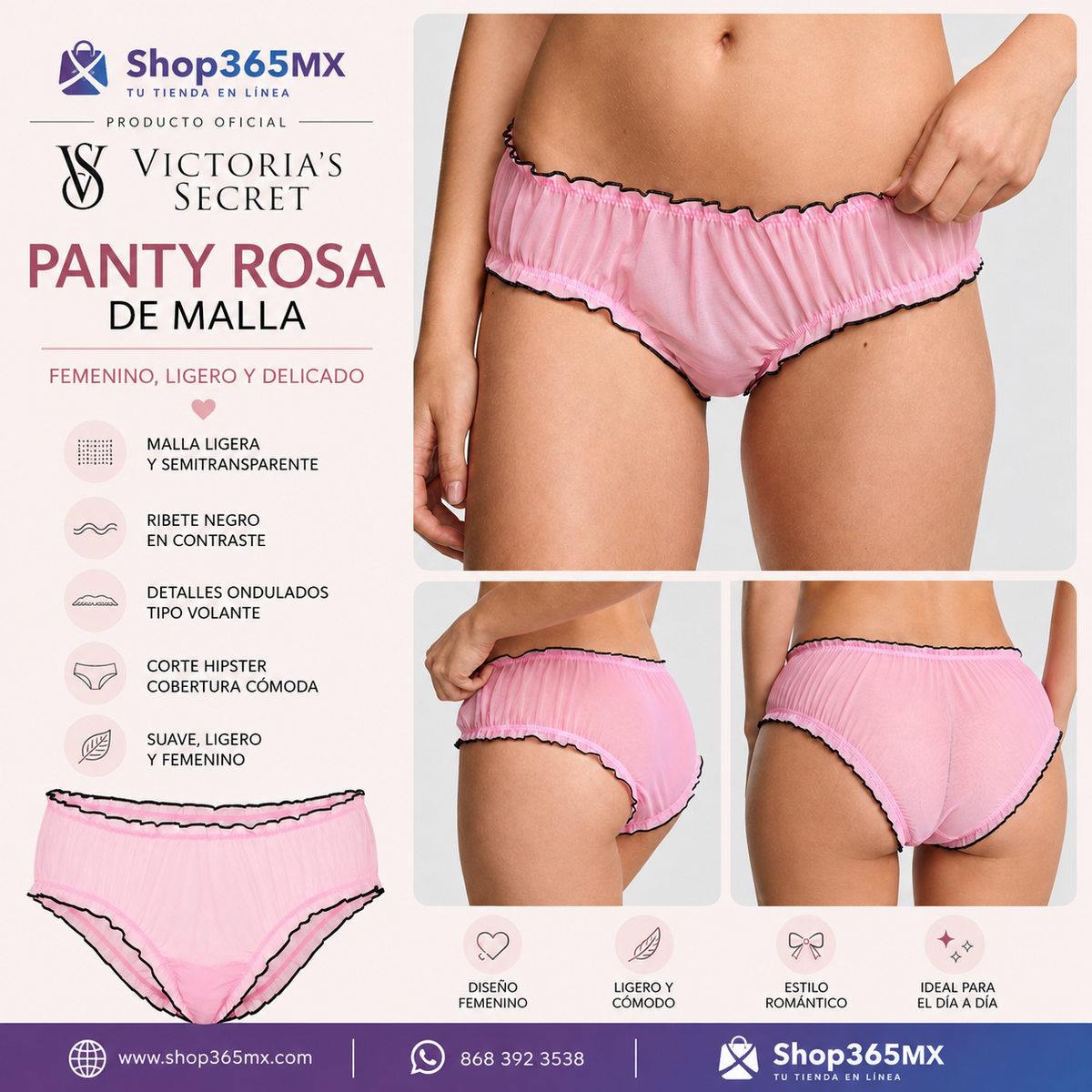 Panty Rosa de Malla con Ribete Negro – Corte Hipster Femenino