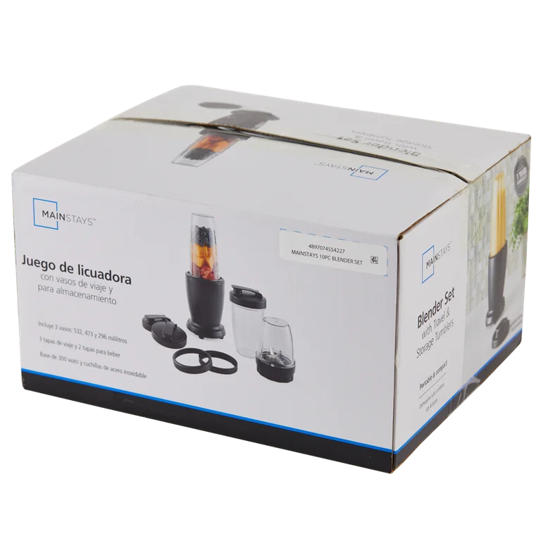 Mainstays Juego de Batidora de 10 Piezas, Negro, 300 W, con 3 Frascos (10 Oz, 16 Oz, 18 Oz), 2 Tapas para Beber, Hoja de Acero Inoxidable