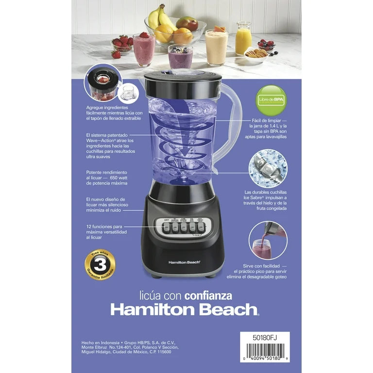 Hamilton Beach Licuadora de Batidos 48 oz. Tarro, 12 Funciones de Mezcla, Negro, 50180F