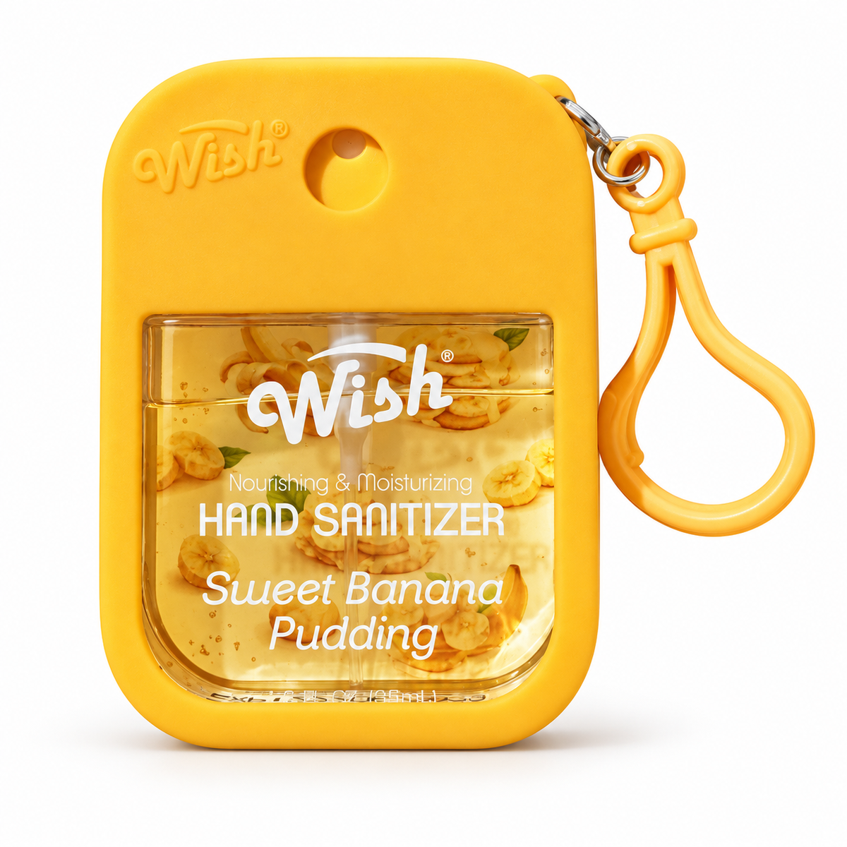 Wish Sweet Banana Pudding Hand Sanitizer 45 ml con Holder Amarillo – Sanitizante de Manos