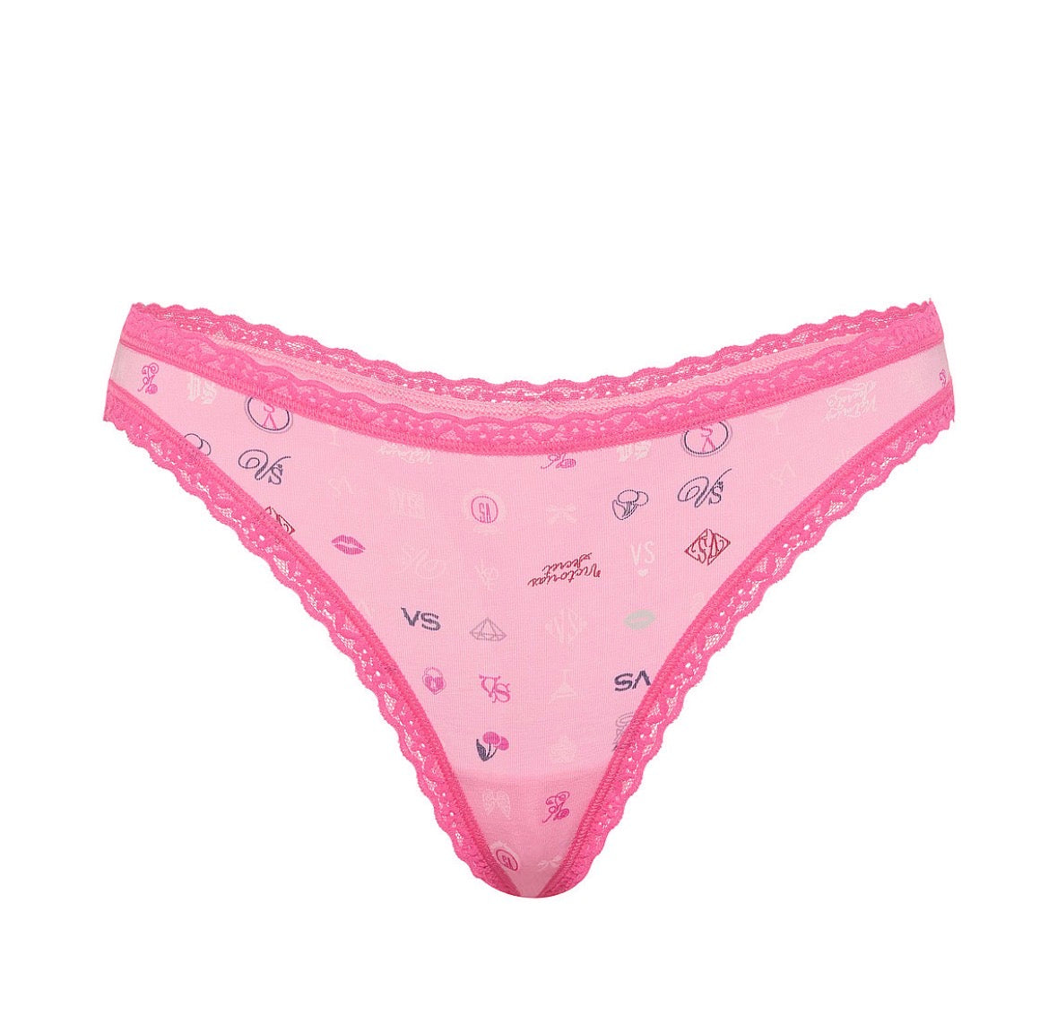 Victoria’s Secret Logo Print Lace Trim Thong – Tanga Rosa con Encaje
