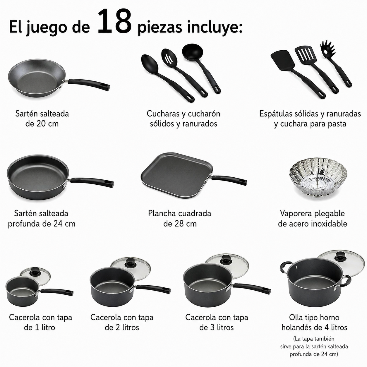 Juego de utensilios de cocina antiadherentes Tramontina Primaware de 18 piezas, negro