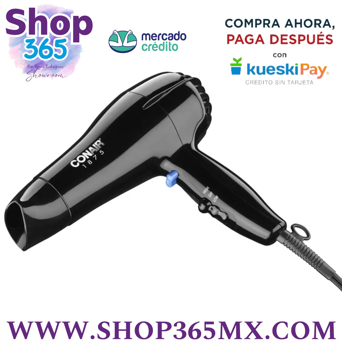 Mid Size Conair Secador de Pelo de Cerámica, 1875 Vatios, Compacto, de Secado Rápido y Estilo, Negro 247TPW