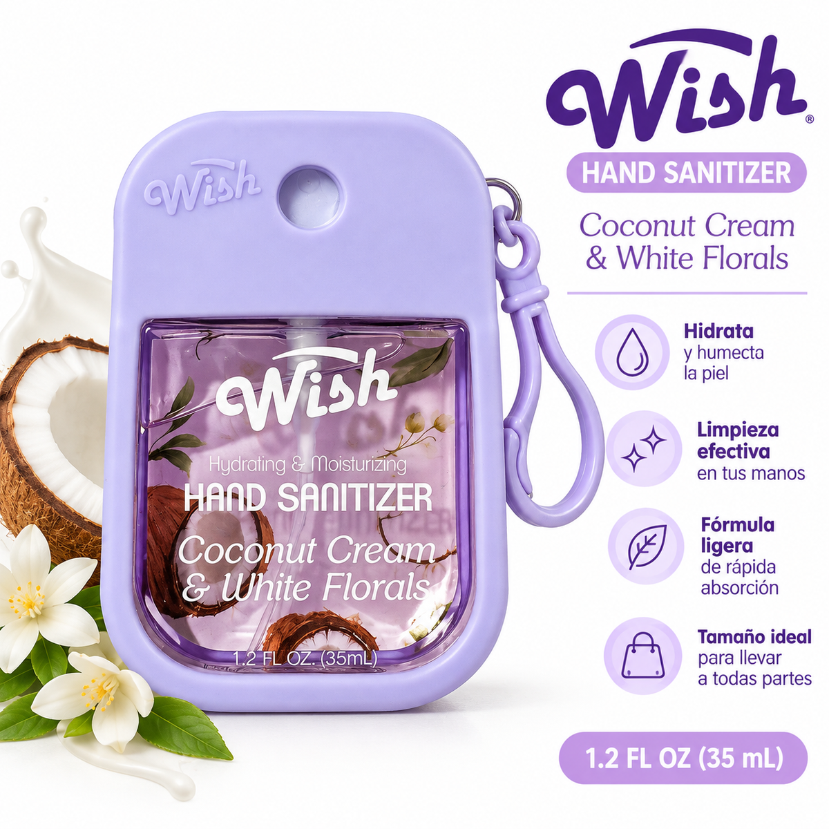 Wish Hand Sanitizer Coconut Cream & White Florals 35 ml con Funda Lila y Clip