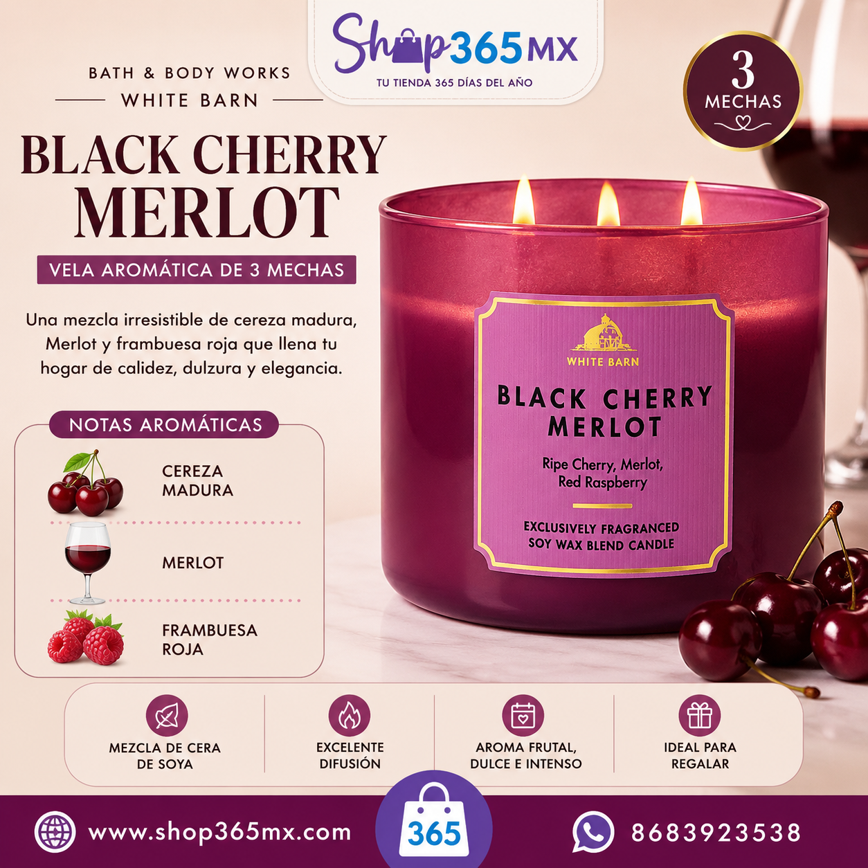 Vela Black Cherry Merlot 3 Mechas Bath & Body Works White Barn – 14.5 oz / 411 g
