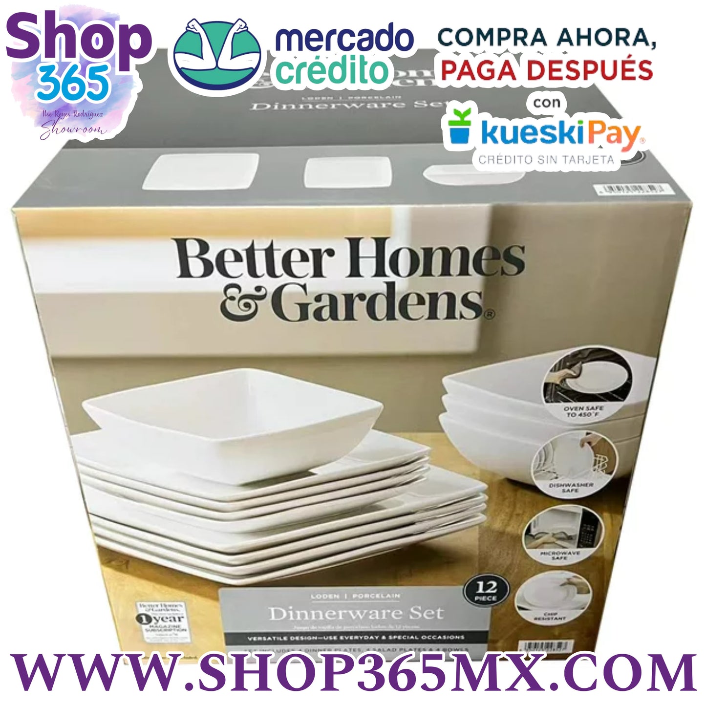 Better Homes & Gardens- Conjunto de Vajilla de Porcelana Cuadrada Blanca de 12 Piezas