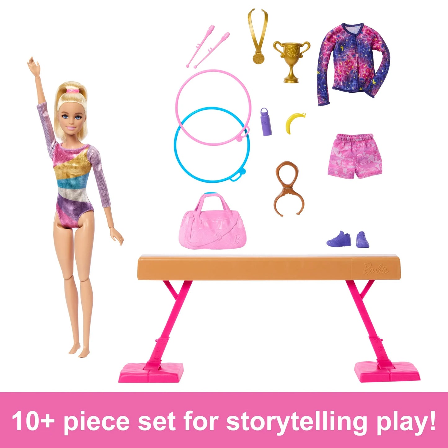 Barbie Juego de Gimnasia con Muñeca Rubia, Barra de Equilibrio y Accesorios, a Partir de 3 Años