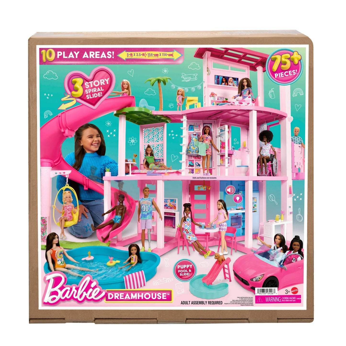 Barbie Dreamhouse Casa de Muñecas para Fiestas en la Piscina y Juego con Más de 75 Piezas, 45 Pulgadas, Tobogán y Elevador para Cachorros