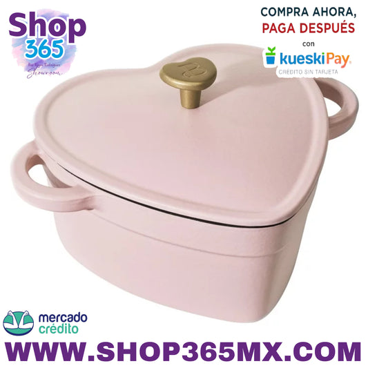 Hermoso horno holandés con forma de corazón de hierro fundido de 2 cuartos, champán rosado de Drew Barrymore