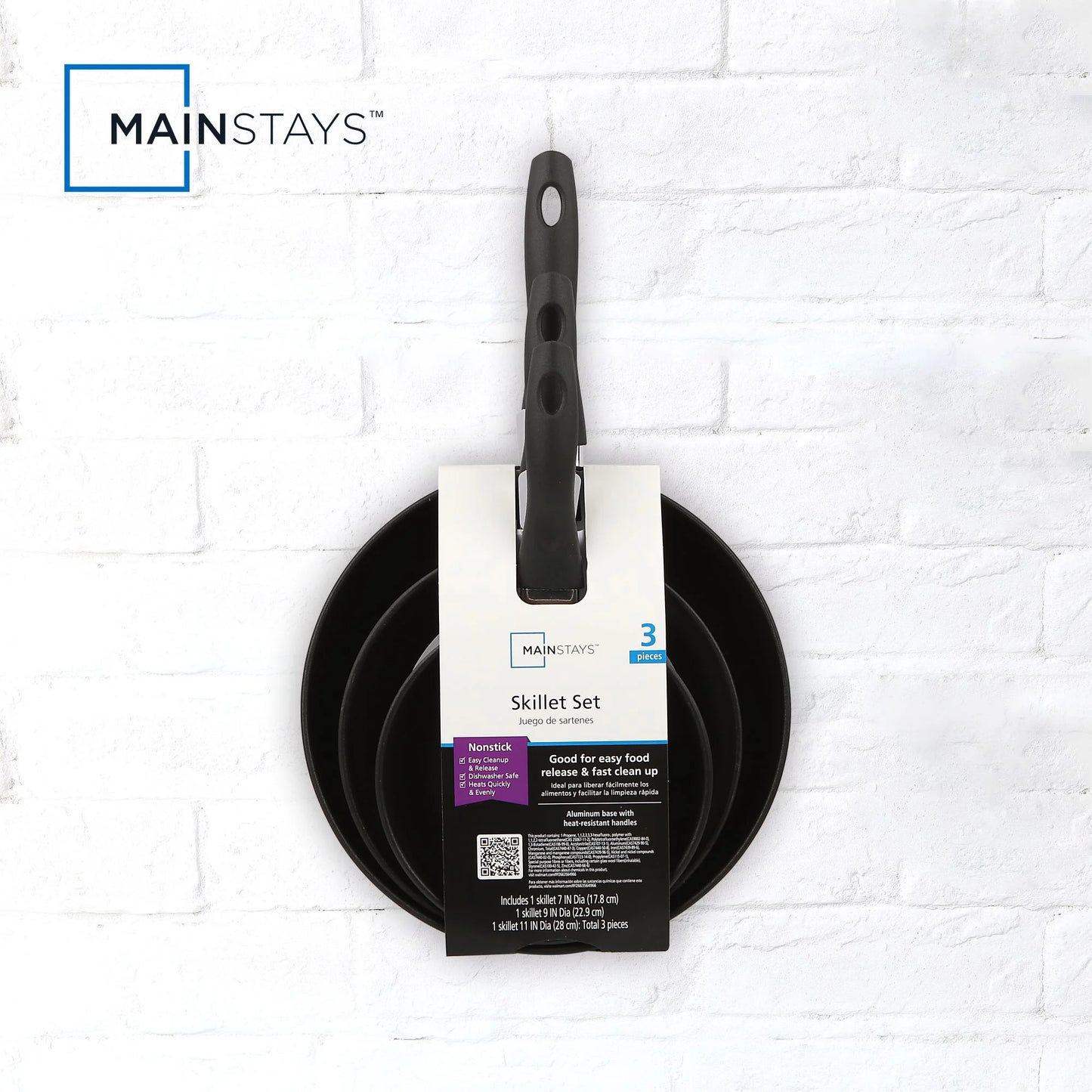 Mainstays Juego de Sartenes de Aluminio Antiadherente de 3 Piezas, Acabado Negro, Juego de 3