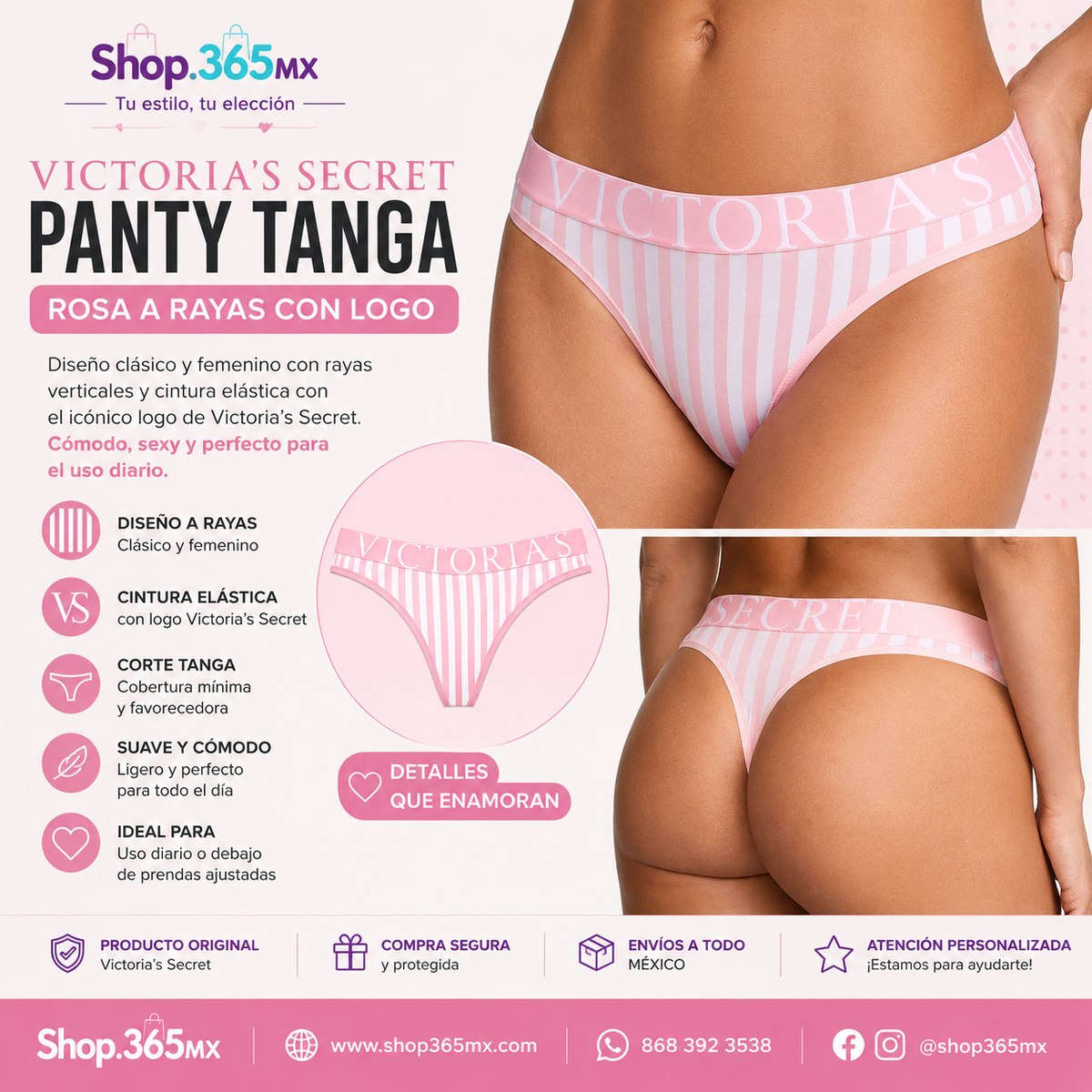 Victoria’s Secret Panty Tanga Rosa a Rayas con Cintura Logo