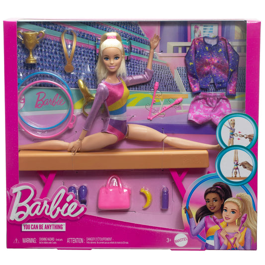 Barbie Juego de Gimnasia con Muñeca Rubia, Barra de Equilibrio y Accesorios, a Partir de 3 Años