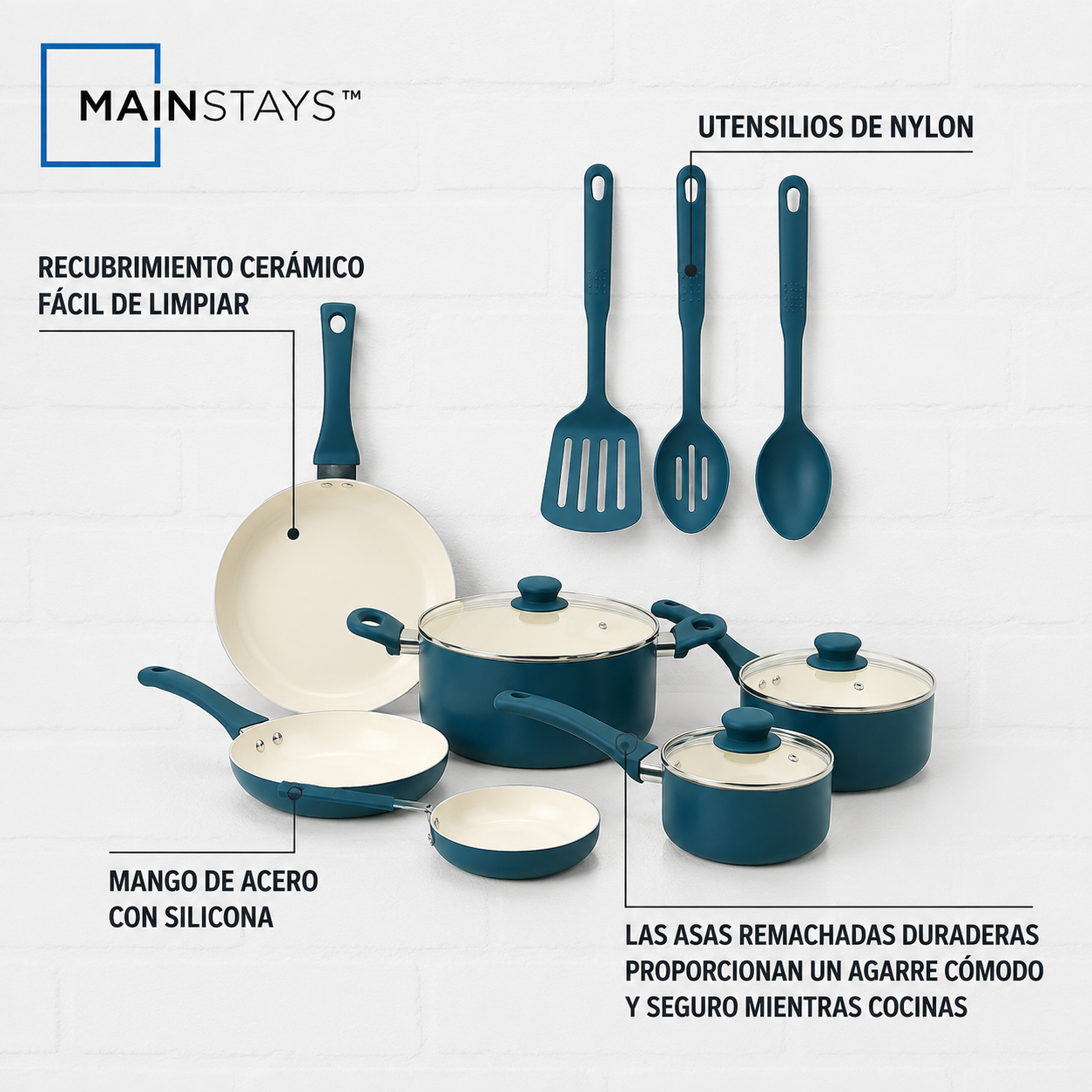 Mainstays Batería de Cocina de Aluminio Antiadherente de Cerámica de 12 Piezas, Azul
