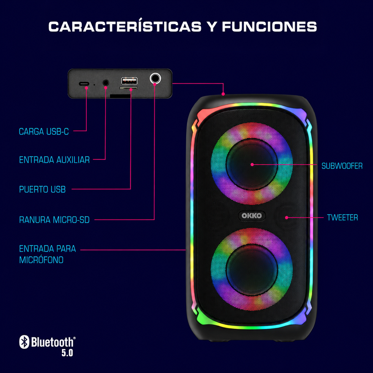 OKKO Altavoz Bluetooth Portátil Sonic Bass V4: Altavoz Inalámbrico para Fiestas con Graves Profundos, Altavoz Karaoke con Puerto para Micrófono, Luces LED, Altavoz Recargable Portátil para Exteriores