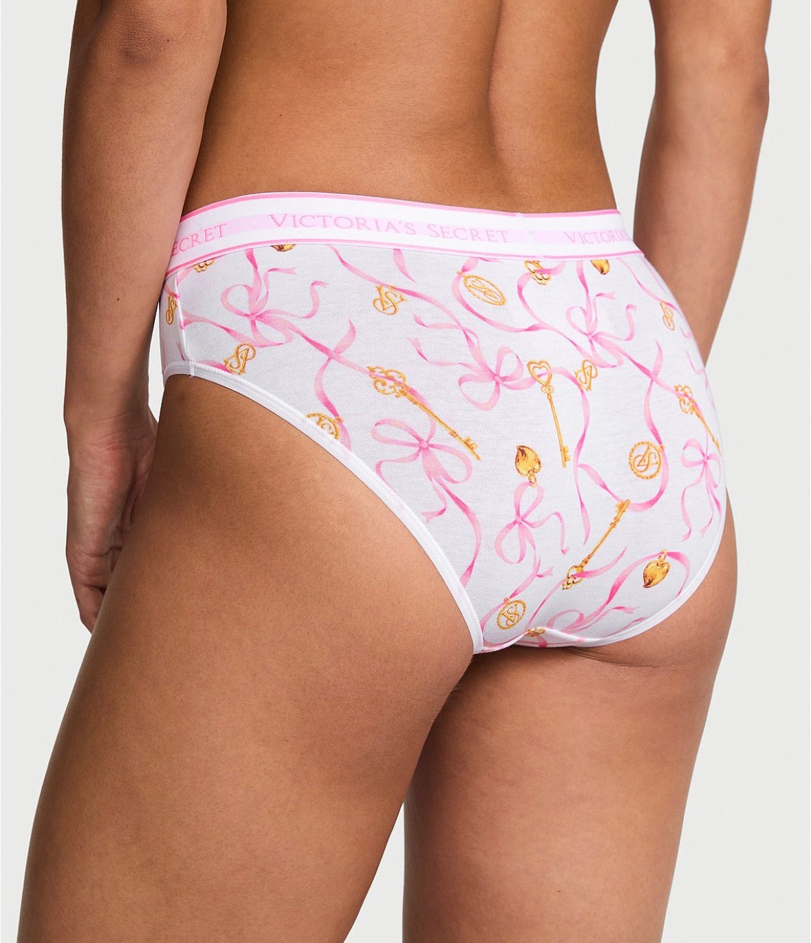 Victoria’s Secret Bikini Panty Estampado Listones y Llaves – Panty Blanco con Cintura de Logo