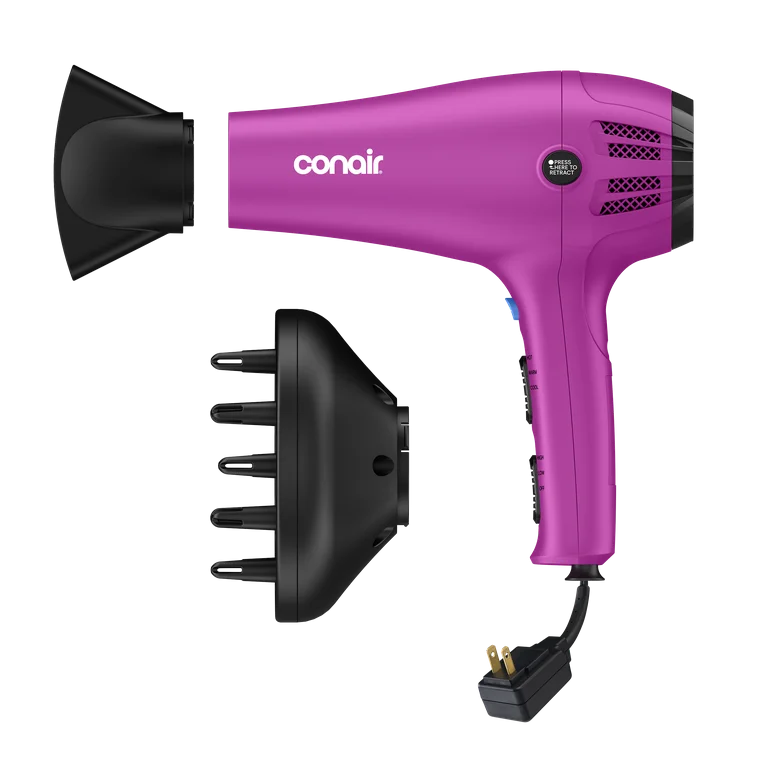 Conair Secador de Cabello Iónico Cerámico Cord-Keeper, Cable Retráctil, Difusor y Concentrador