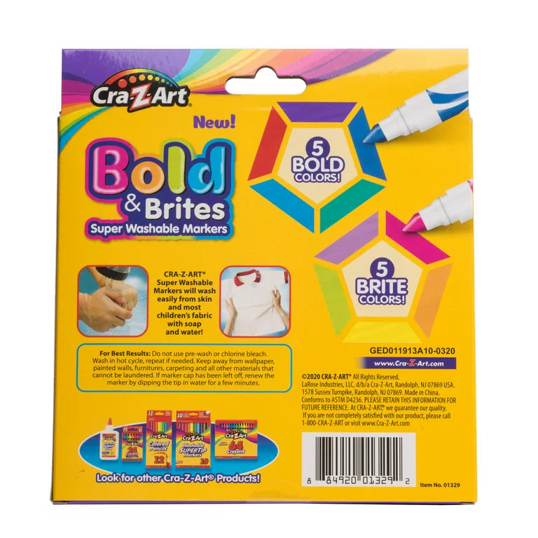 Cra-Z-Art Bold & Brites Marcadores multicolores súper lavables, 10 unidades, regreso a la escuela