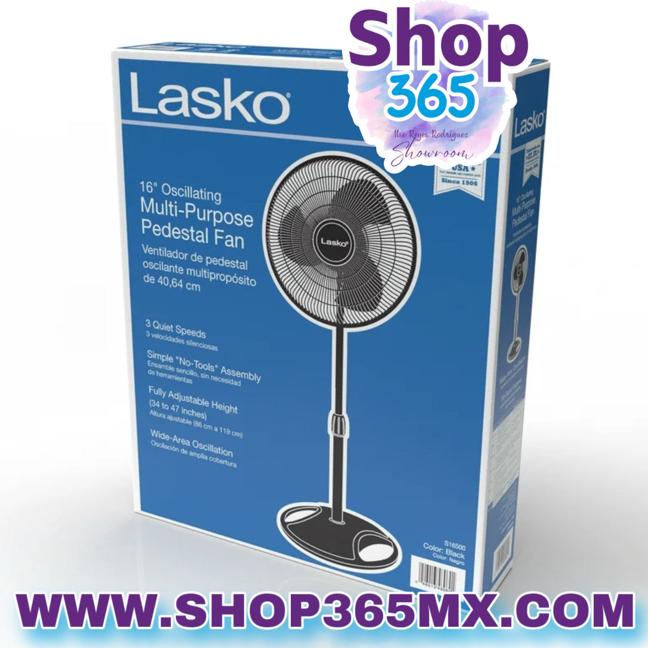 Lasko Ventilador de pedestal ajustable oscilante de 16" con 3 velocidades, 47" H, negro, S16500, nuevo