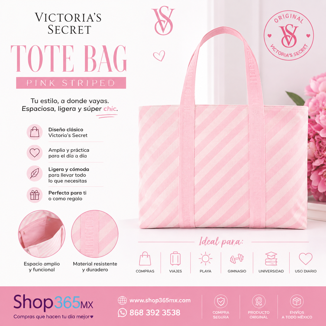 Victoria’s Secret Pink Striped Tote Bag – Bolsa Tote Rosa Original