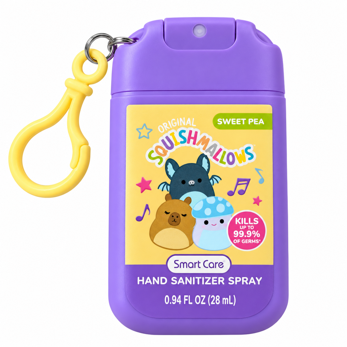 Squishmallows Smart Care Antibacterial en Spray Sweet Pea con Clip 28 ml – Morado