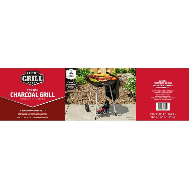 Expert Grill Parrilla de Carbón de 17.5 Pulgadas con Ruedas y Amortiguadores Ajustables