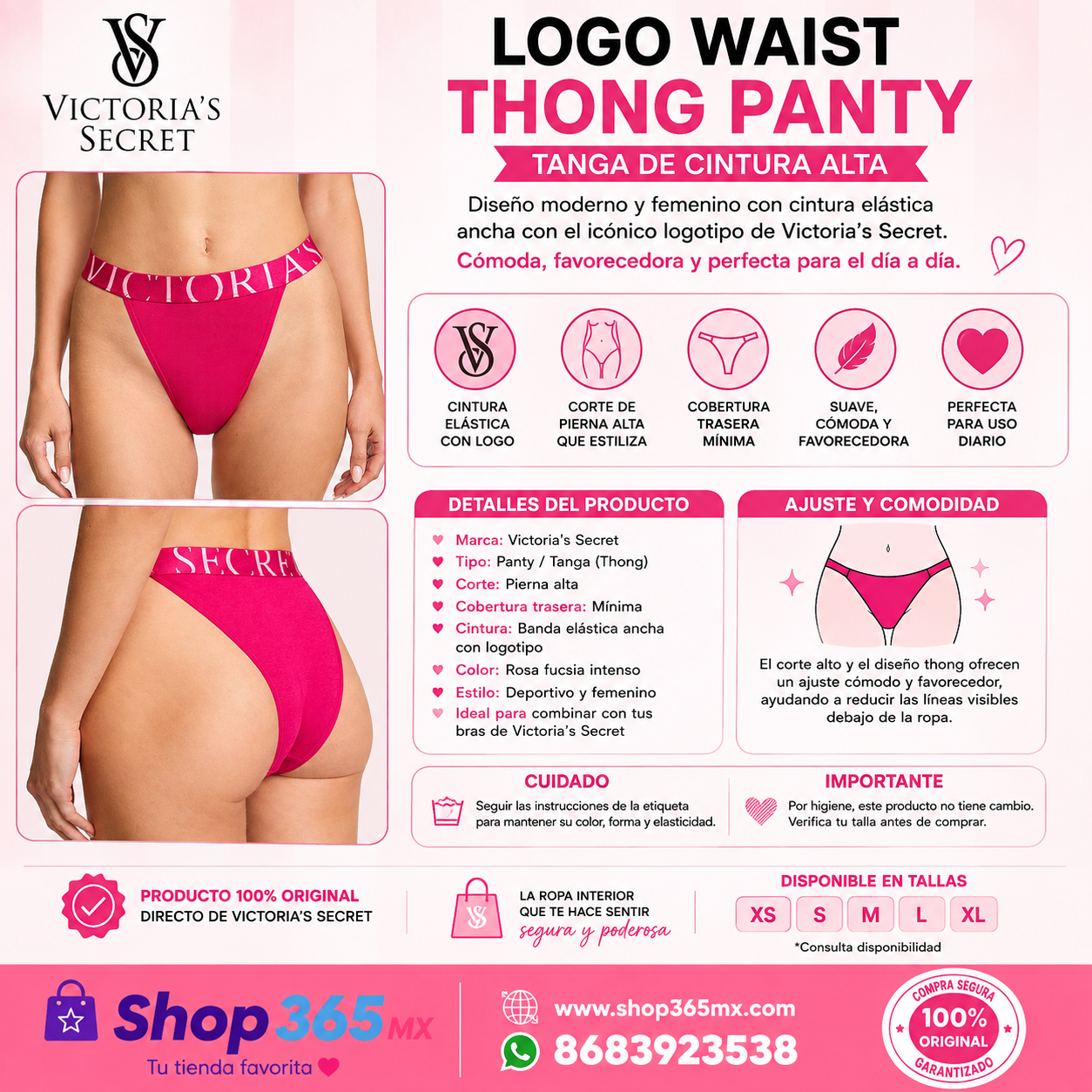 Victoria’s Secret Logo Waist Thong Panty Rosa Fucsia – Tanga de Cintura Alta