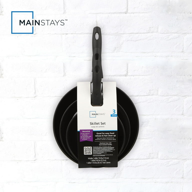 Mainstays Juego de Sartenes de Aluminio Antiadherente de 3 Piezas, Acabado Negro, Juego de 3
