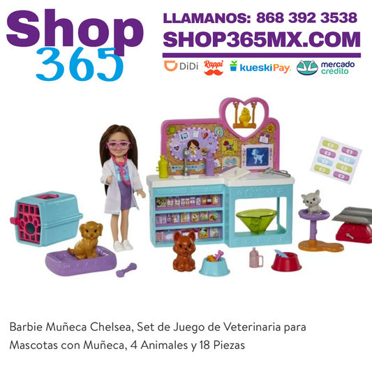 Barbie Muñeca Chelsea, Set de Juego de Veterinaria para Mascotas con Muñeca, 4 Animales y 18 Piezas