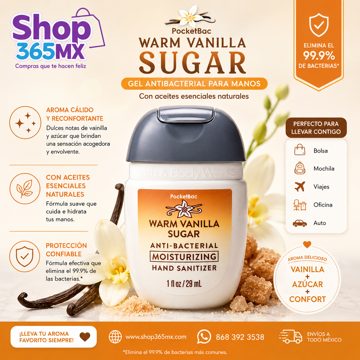 Gel Antibacterial Warm Vanilla Sugar PocketBac Bath & Body Works 29 ml