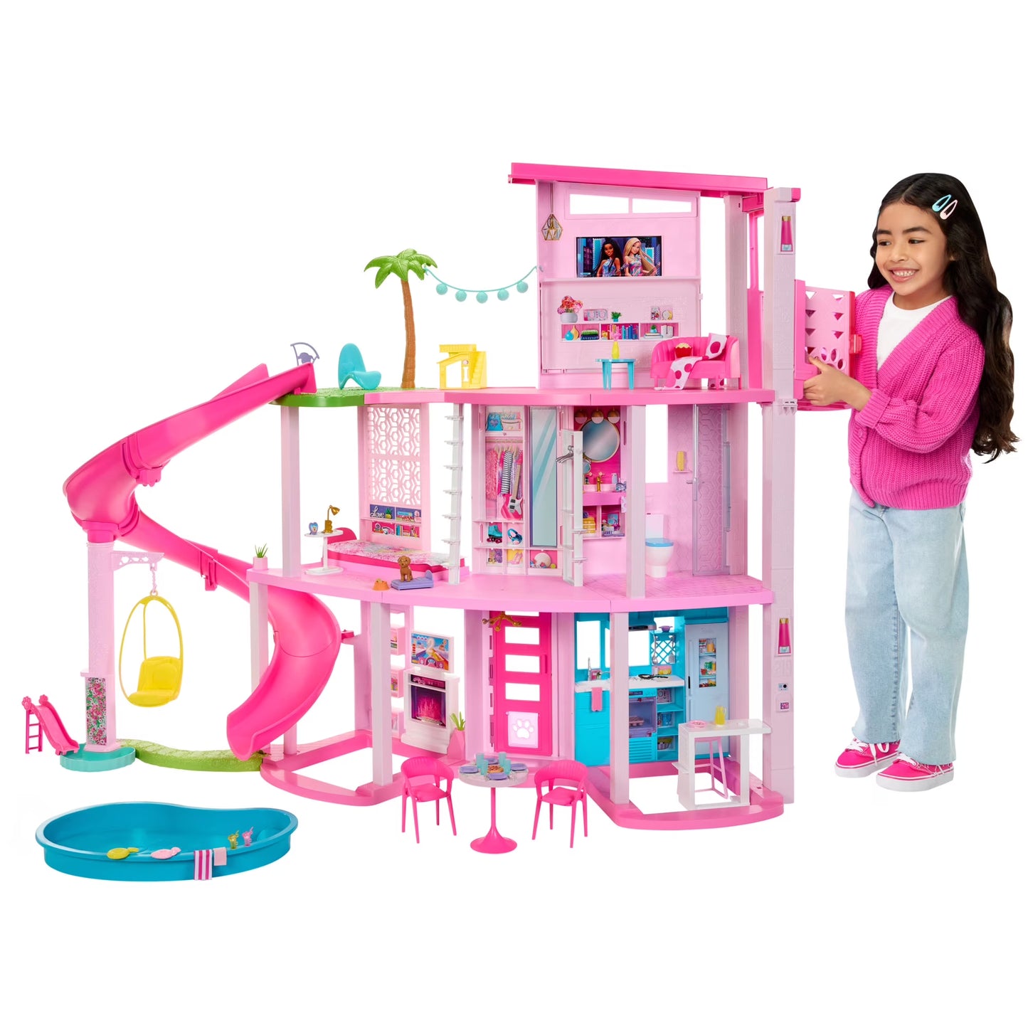 Barbie Dreamhouse Casa de Muñecas para Fiestas en la Piscina y Juego con Más de 75 Piezas, 45 Pulgadas, Tobogán y Elevador para Cachorros