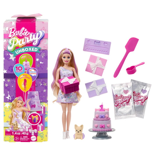 Barbie Muñeca y Accesorios de la Serie Birthday para Mascotas sin Caja, Juego de Lazos Birthday con 10 Sorpresas