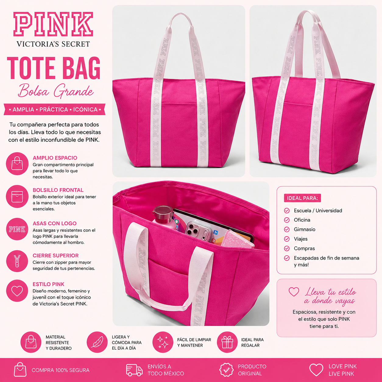 Victoria’s Secret PINK Tote Bag Rosa – Bolsa Grande con Asas Logo PINK