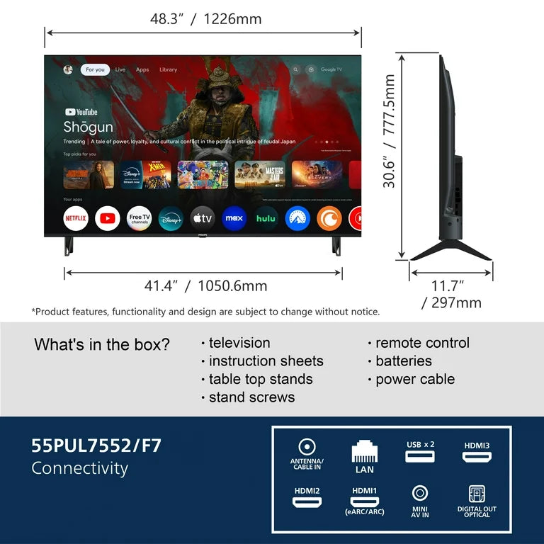 Televisor LED inteligente Philips de 55" Clase 4K Ultra HD (2160p) con Google (55PUL7552/F7)