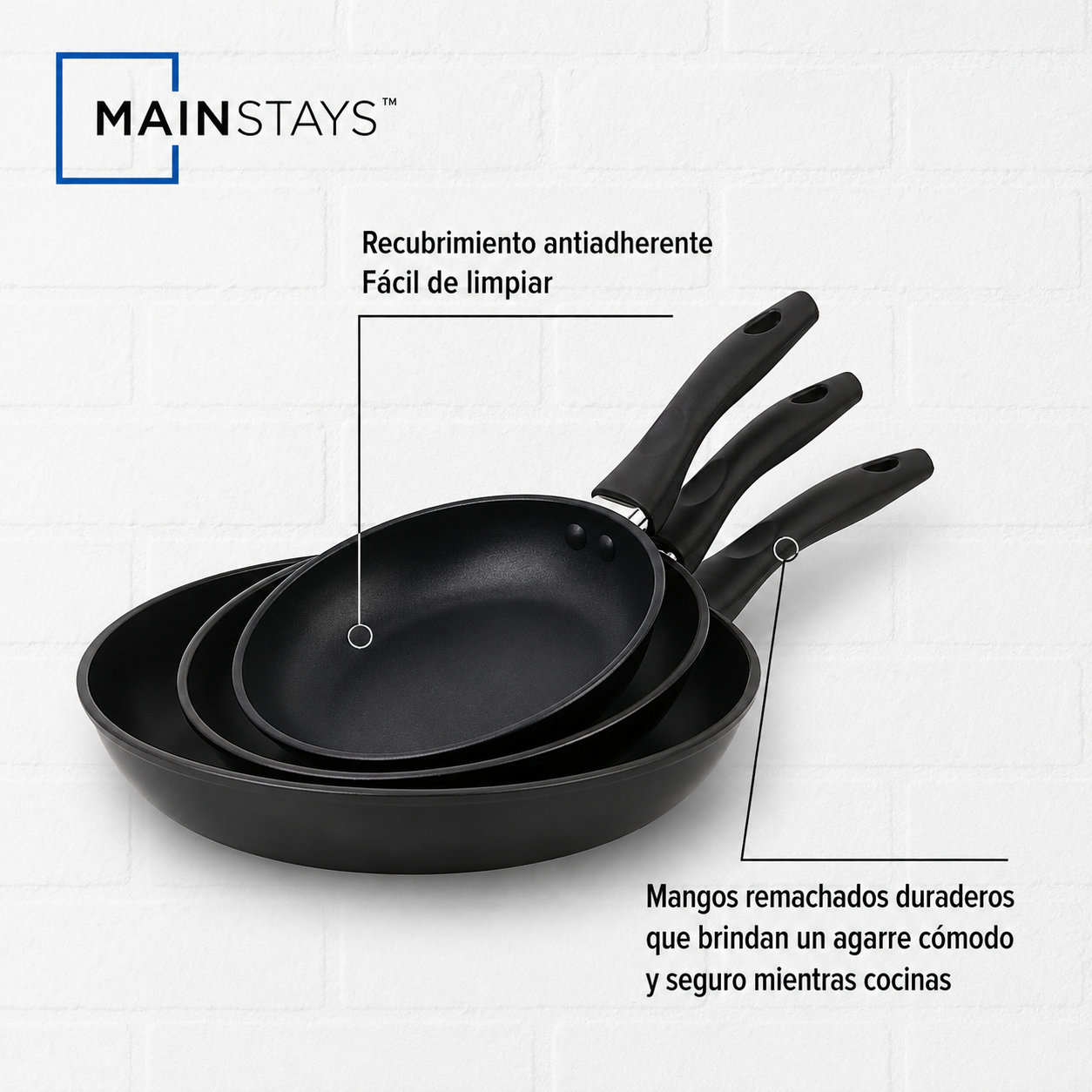 Mainstays Juego de Sartenes de Aluminio Antiadherente de 3 Piezas, Acabado Negro, Juego de 3