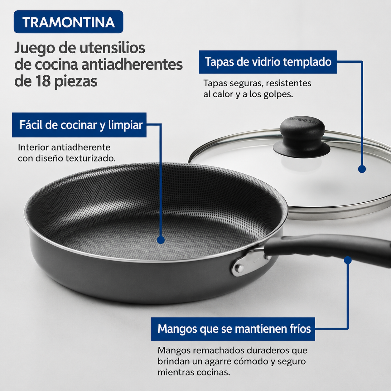 Juego de utensilios de cocina antiadherentes Tramontina Primaware de 18 piezas, negro