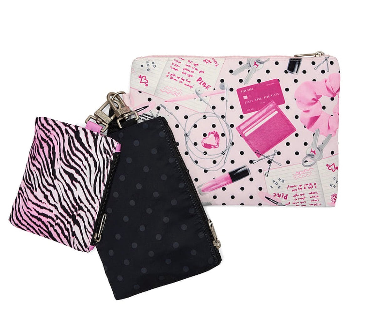PINK Victoria’s Secret Makeup Bag Trio Set 3 Cosmetiqueras Rosa, Negro y Zebra
