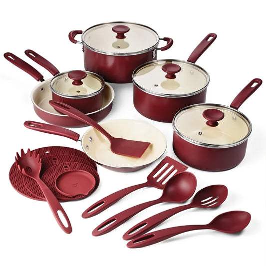 Juego de utensilios de cocina antiadherentes de cerámica Tramontina Ceramaware de 20 piezas, color vino.
