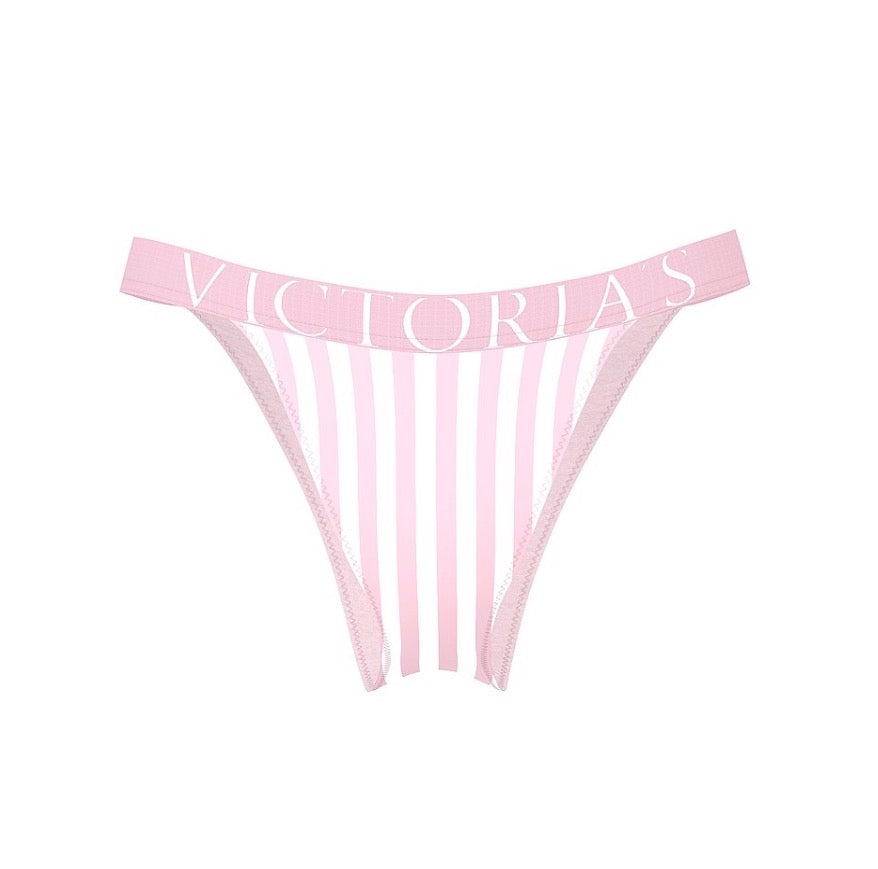 💗 Victoria’s Secret Tanga de Rayas Rosa con Cintura Logo