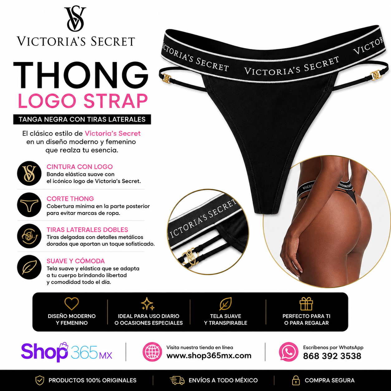 Victoria’s Secret Logo Strap Thong Negro – Tanga con Tiras Laterales y Detalle Dorado