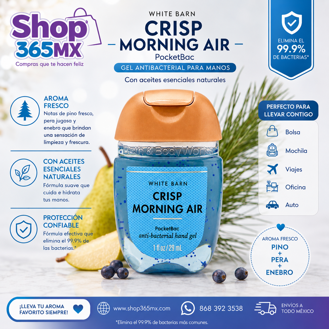 Gel Antibacterial Crisp Morning Air PocketBac Bath & Body Works 29 ml