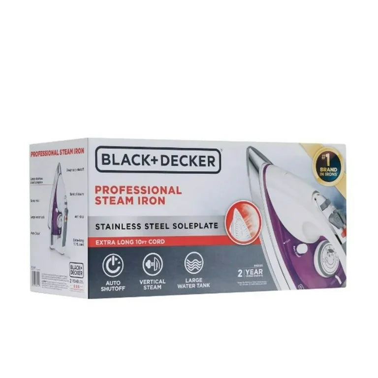 BLACK+DECKER Professional Steamer with Stainless Steel Sole and Extra Long Cord, Purple, IR1350S