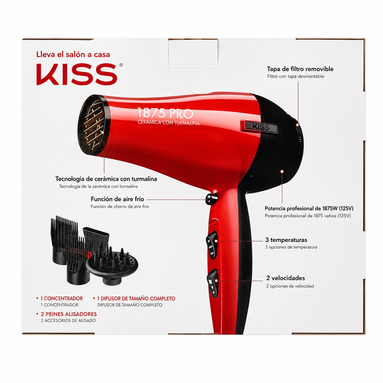 KISS Secadora de Cabello Edición de Peinado de Cerámica Turmalina Profesional de 1875 Watts, 5 Piezas