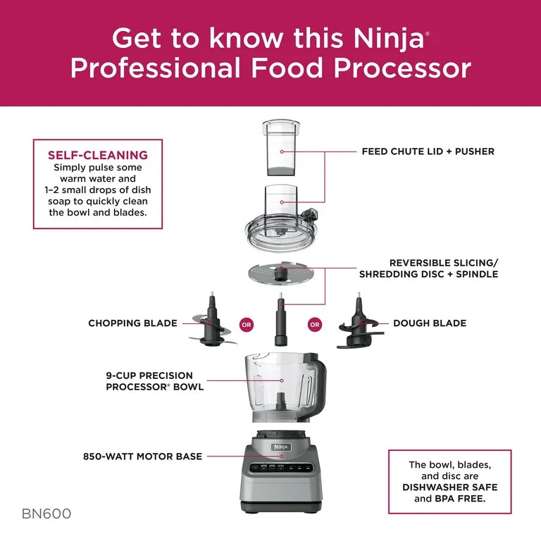 Ninja Procesador de Alimentos Profesional 850 Vatios, Capacidad de 9 Tazas, Programas Preestablecidos Auto-iQ, BN600